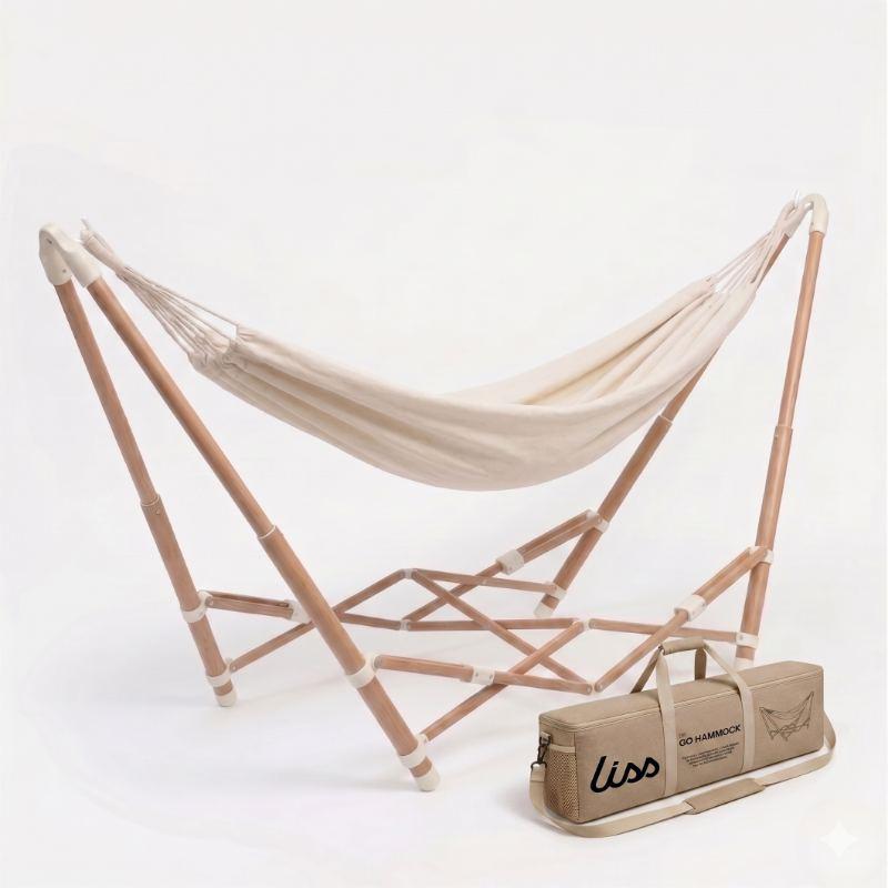 The LISS GO Hammock on its freestanding frame with carry bag